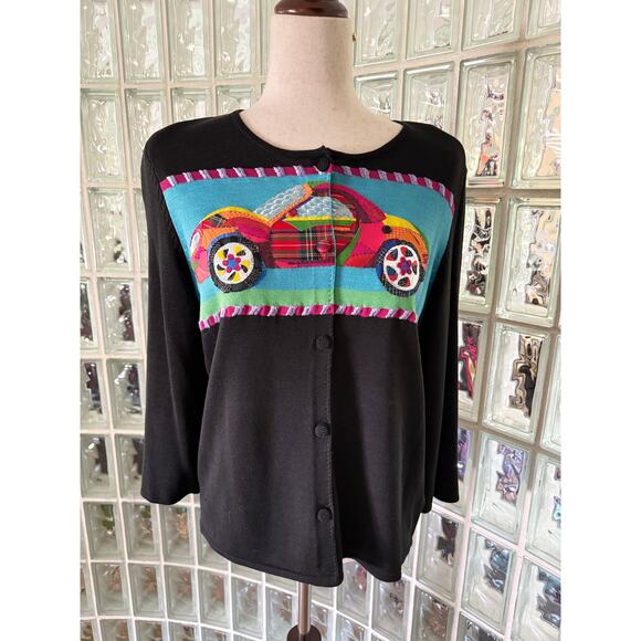 Michael Simon Vintage Cars Beaded Spun Silk Blend Sweater - size large - Picture 1 of 11